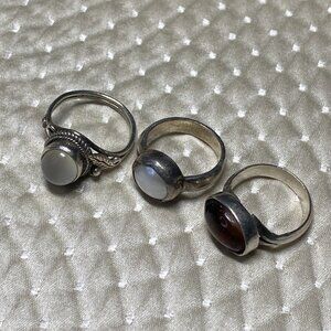 Lot of 3 Vintage Silver Rings Amber Pearl Cat’s Eye Cabochon Mixed Sizes